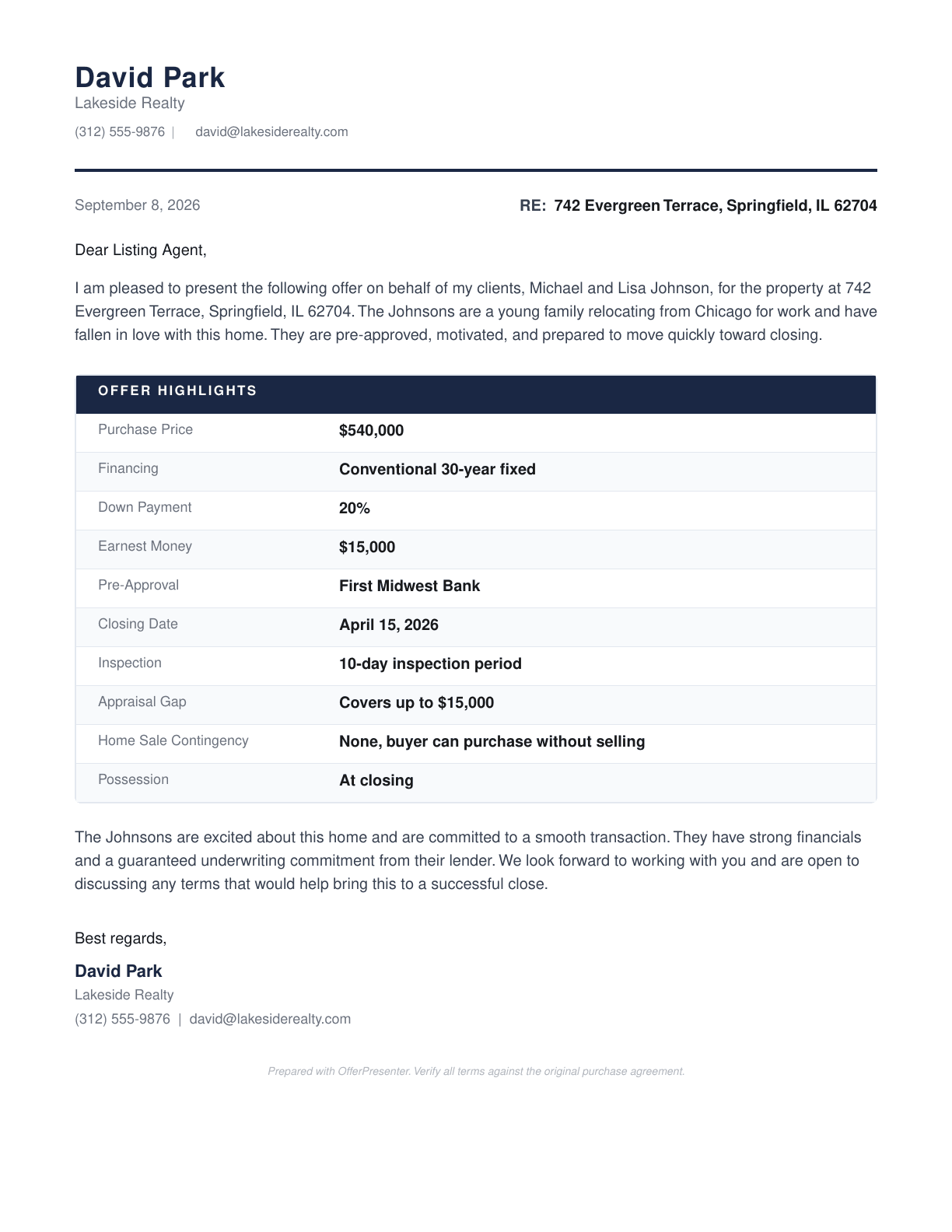 Offer cover letter on agent letterhead with offer highlights and the list of documents included
